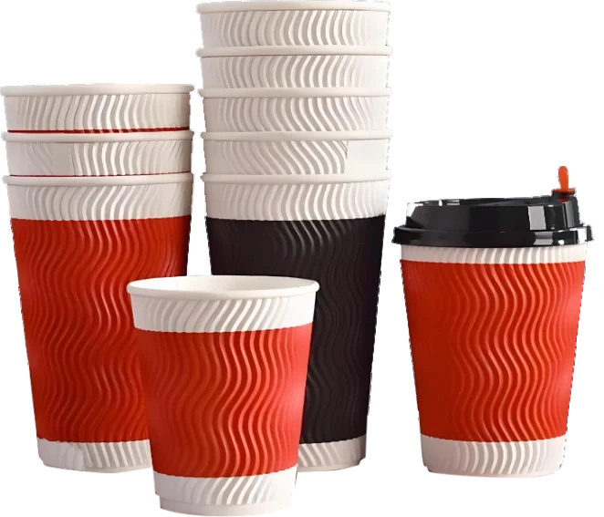 Stack of custom-printed double-wall coffee cups in red, white and black
